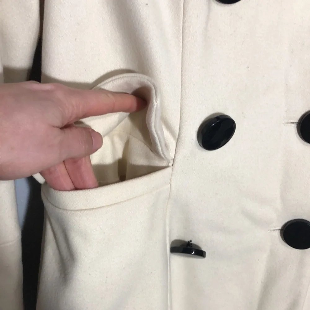 ESPRIT | Vintage Ivory Wool Blend Double Breasted Pleated Notched Collar Coat M